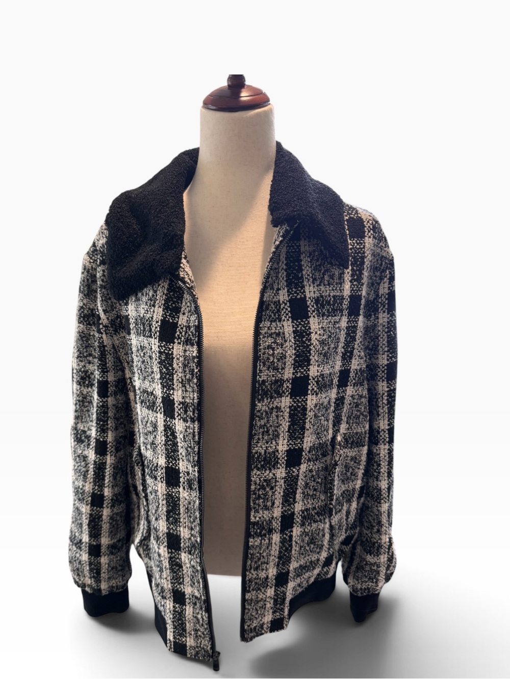 Women's Black & White Plaid Bomber Jacket with Sherpa Collar